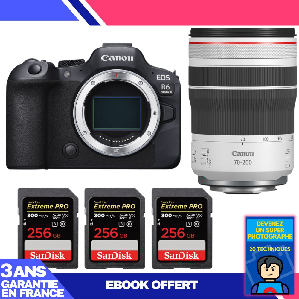 Canon EOS R6 Mark II Camera + RF 70-200mm f/4 L IS USM Lens + 3x SanDisk 256GB Extreme PRO UHS-II SDXC Cards (300MB/s) + Ebook 'Become a Super Photographer'
