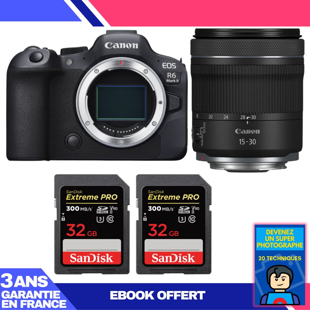 Canon EOS R6 Mark II Camera + RF 15-30mm f/4.5-6.3 IS STM Lens + 2x 32GB SanDisk Extreme PRO UHS-II SDXC Memory Cards