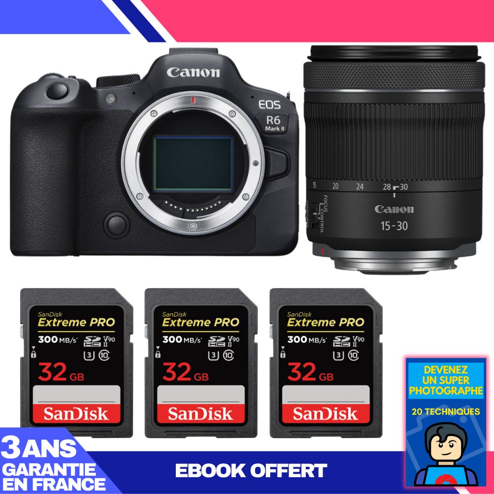 Canon EOS R6 Mark II Camera + RF 15-30mm f/4.5-6.3 IS STM Lens + 3 SanDisk 32GB Extreme PRO UHS-II SDXC Cards + 'Become a Super Photographer Ebook