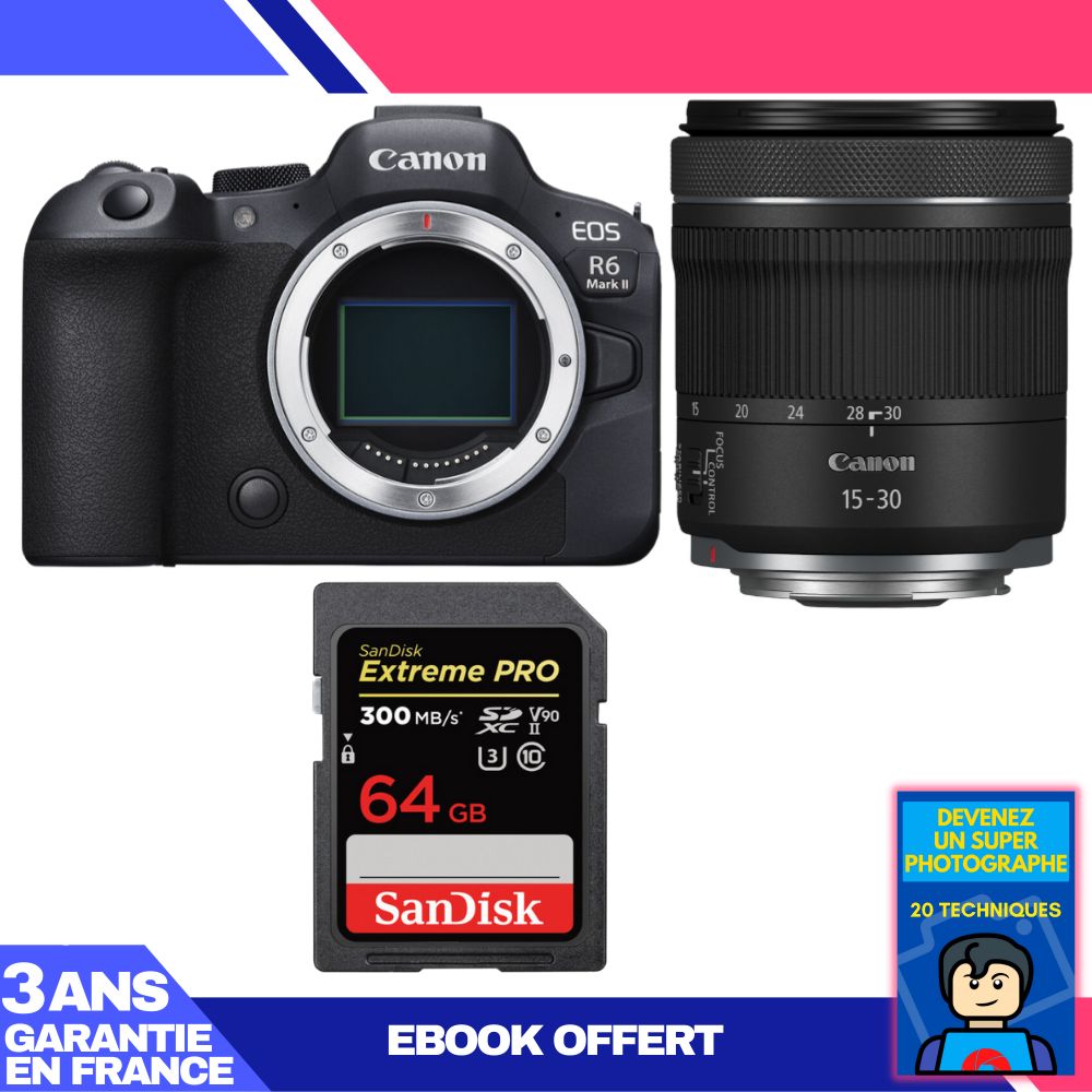 Canon EOS R6 Mark II Camera Kit with RF 15-30mm f/4.5-6.3 IS STM Lens and 64GB SanDisk Extreme PRO SD Card + Ebook: Become a Super Photographer