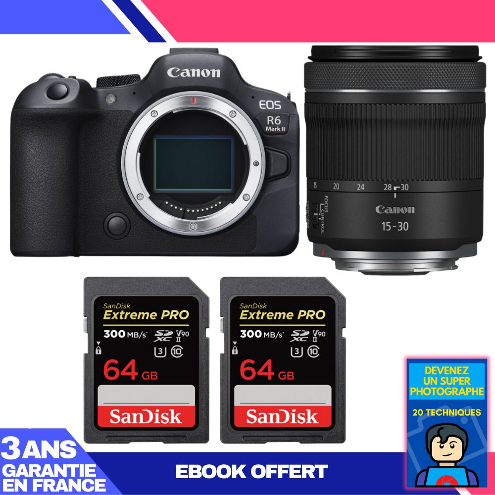 Canon EOS R6 Mark II Camera + RF 15-30mm f/4.5-6.3 IS STM Lens + 2 SanDisk 64GB Extreme PRO UHS-II SDXC Cards + 'Become a Super Photographer Ebook