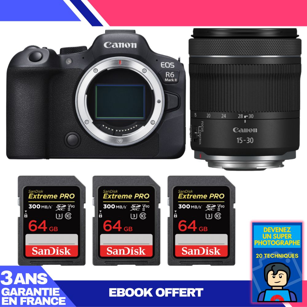 Canon EOS R6 Mark II Camera + RF 15-30mm f/4.5-6.3 IS STM Lens + 3 SanDisk 64GB Extreme PRO UHS-II SDXC Cards