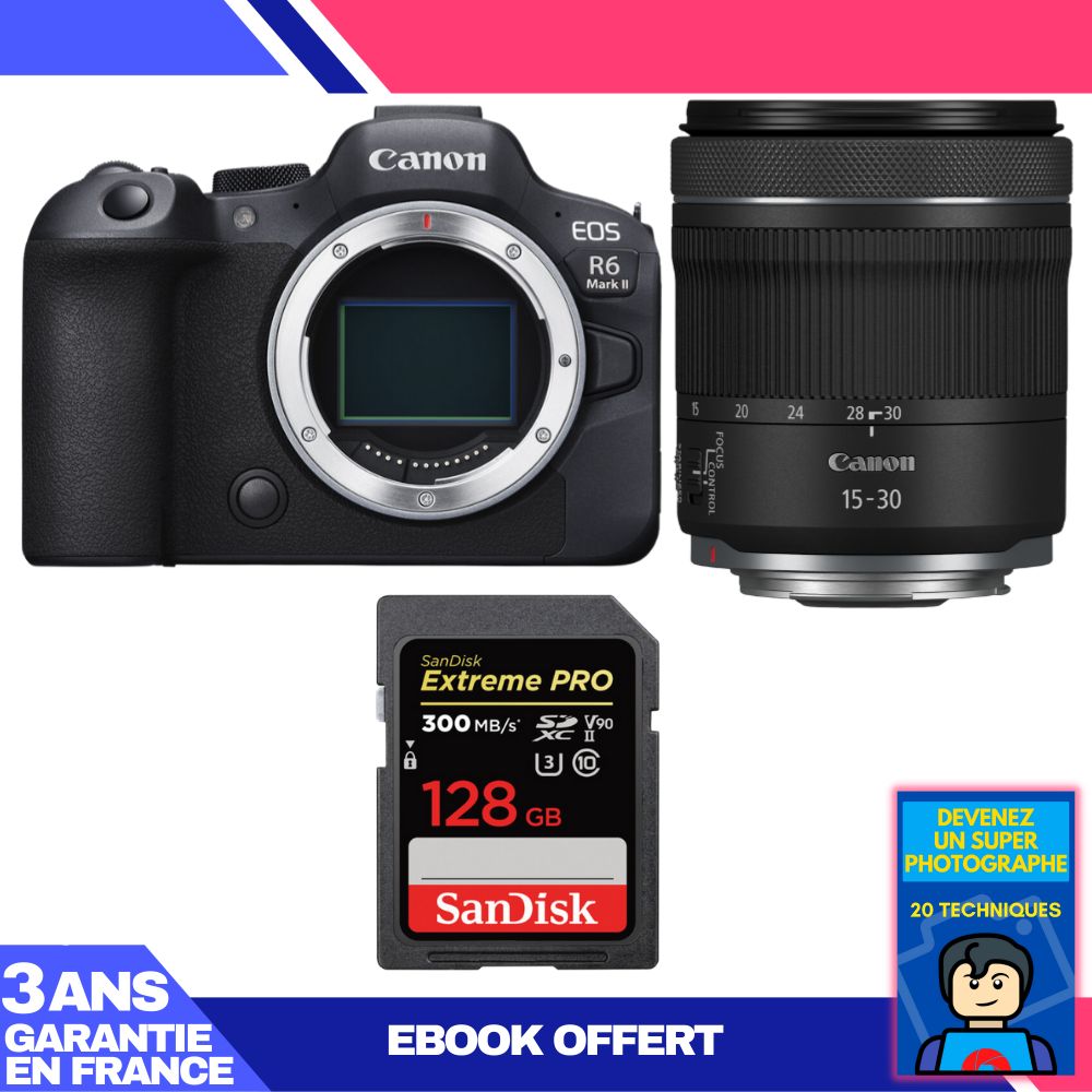 Canon EOS R6 Mark II Camera + RF 15-30mm f/4.5-6.3 IS STM Lens + 1 SanDisk 128GB Extreme PRO UHS-II SDXC Memory Card