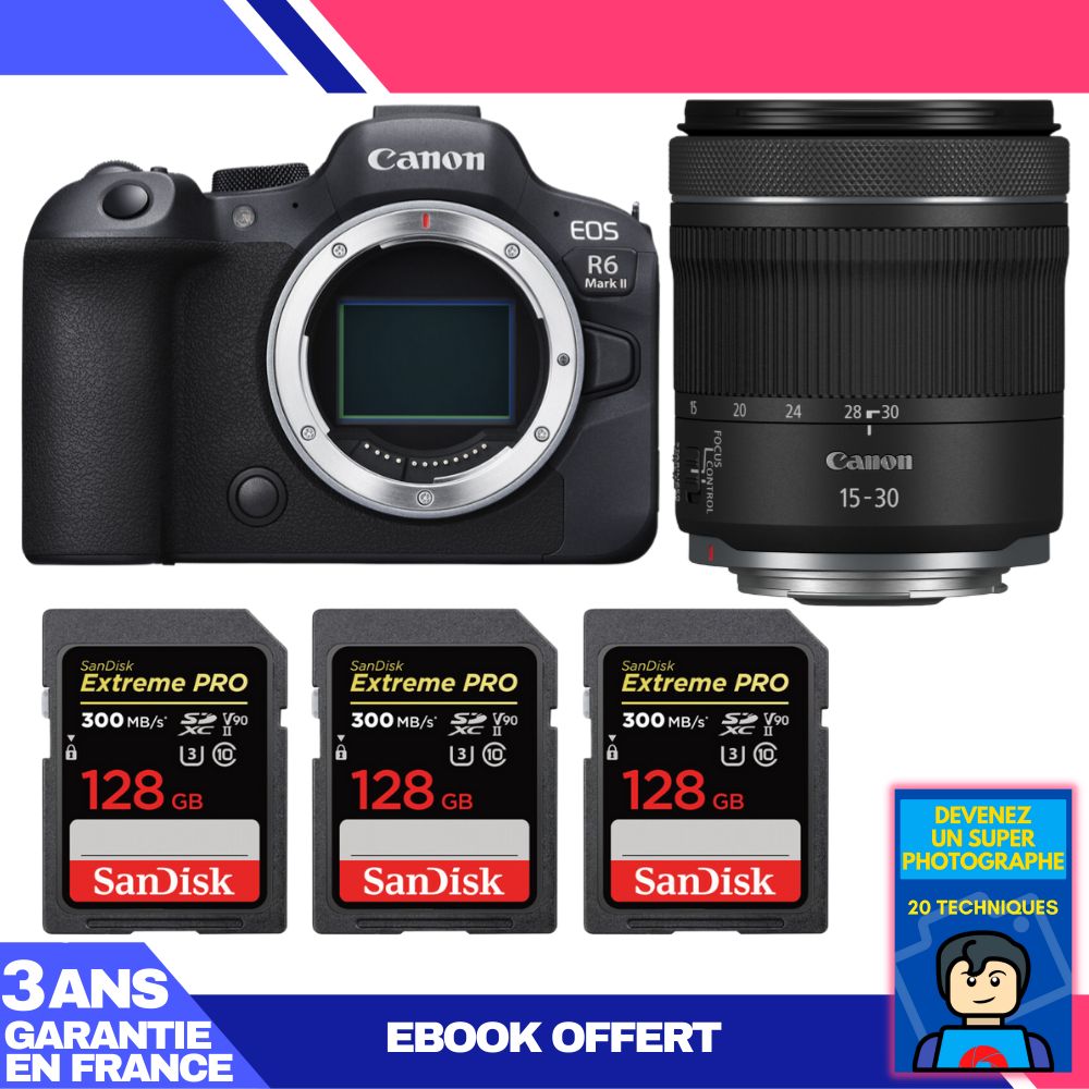 Canon EOS R6 Mark II Camera Body + RF 15-30mm f/4.5-6.3 IS STM Lens + 3 SanDisk 128GB Extreme PRO UHS-II SDXC Cards
