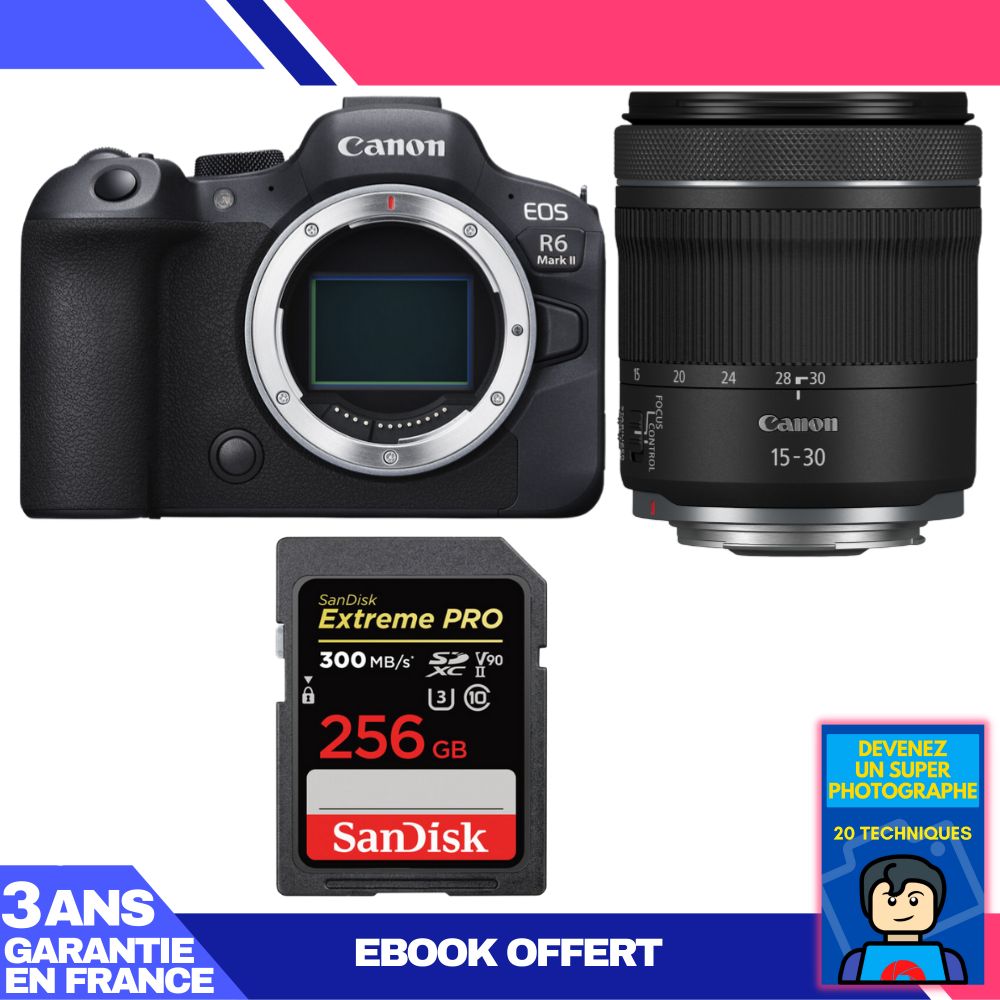 Canon EOS R6 Mark II Camera Body + RF 15-30mm f/4.5-6.3 IS STM Lens + 1 SanDisk 256GB Extreme PRO UHS-II SDXC Card + 'Become a Super Photographer Ebook