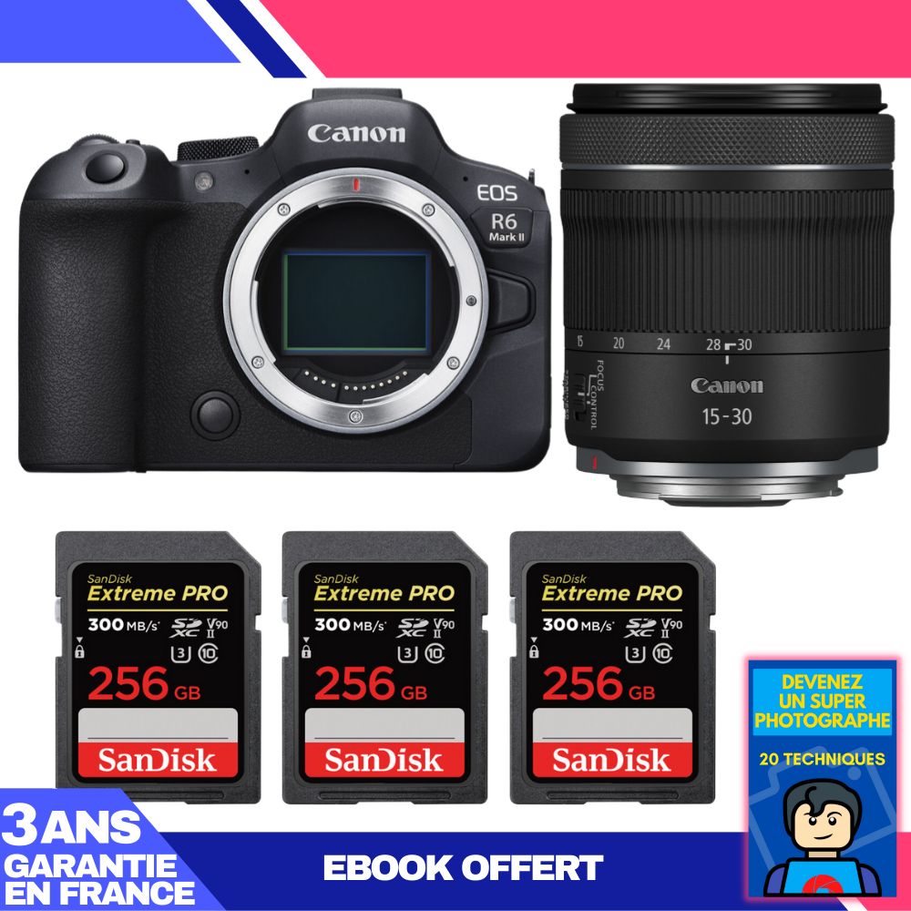 Canon EOS R6 Mark II + RF 15-30mm f/4.5-6.3 IS STM Lens + 3 SanDisk 256GB Extreme PRO UHS-II SDXC Cards + 'Become a Super Photographer Ebook