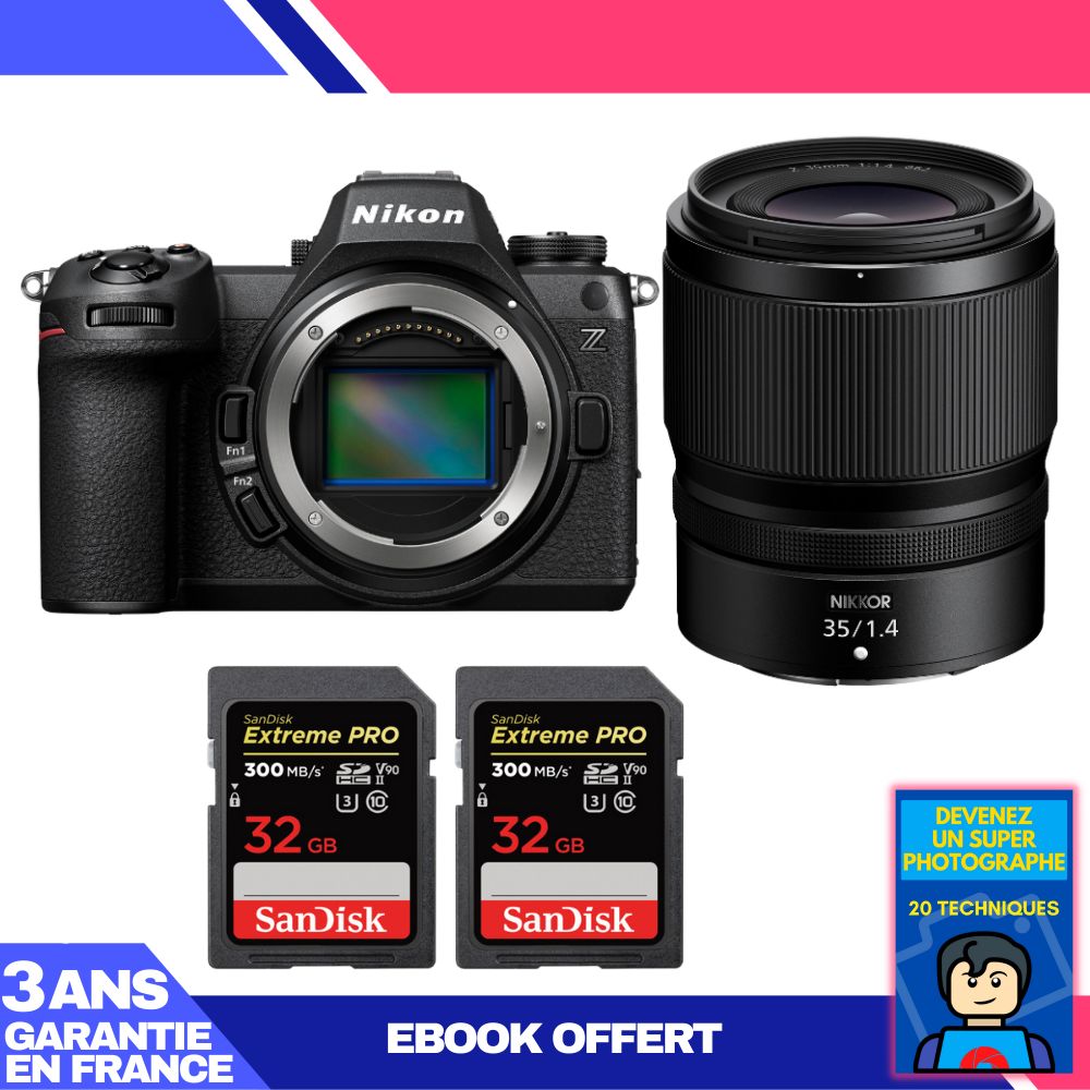 Cuerpo de cámara Nikon Z6 III + Lente Nikkor Z 35mm f/1.4 + 2 Tarjetas SanDisk 32GB Extreme PRO UHS-II SDXC 300 MB/s + Ebook 'Conviértete en un Fotógrafo Super'