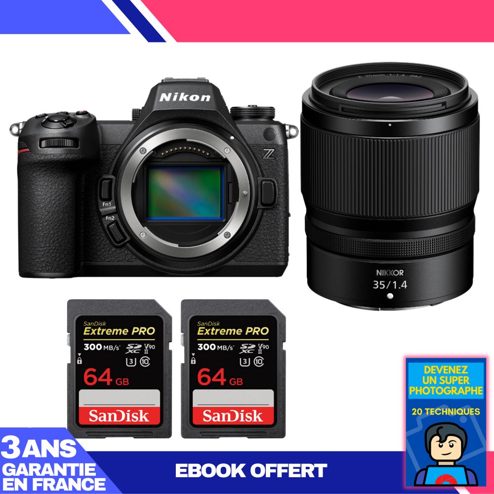Cámara sin espejo Nikon Z6 III + objetivo Nikkor Z 35 mm f/1.4 + 2 tarjetas SanDisk 64 GB Extreme PRO UHS-II SDXC 300 MB/s + ebook 'Conviértete en un fotógrafo súper'