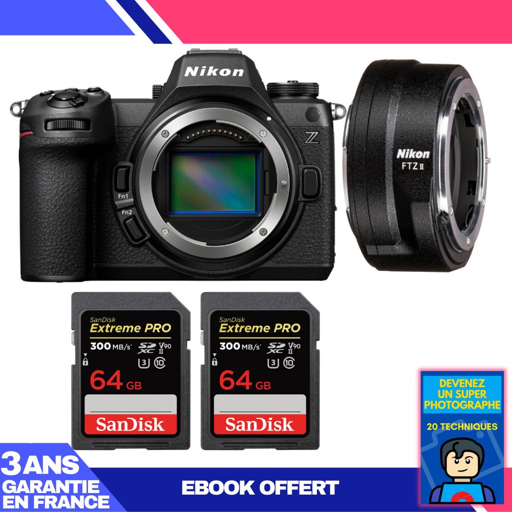 Cámara sin espejo Nikon Z6 III + adaptador FTZ II + 2 tarjetas de memoria SanDisk 64GB Extreme PRO UHS-II SDXC 300 MB/s + libro electrónico 'Conviértete en un fotógrafo súper'