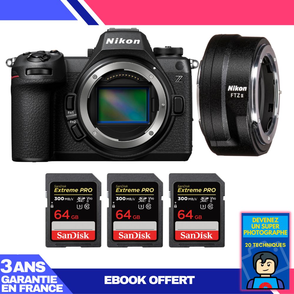 Nikon Z6 III Mirrorless Camera + FTZ II Adapter + 3 SanDisk 64GB Extreme PRO UHS-II SDXC Cards + 'Become a Super Photographer' Ebook
