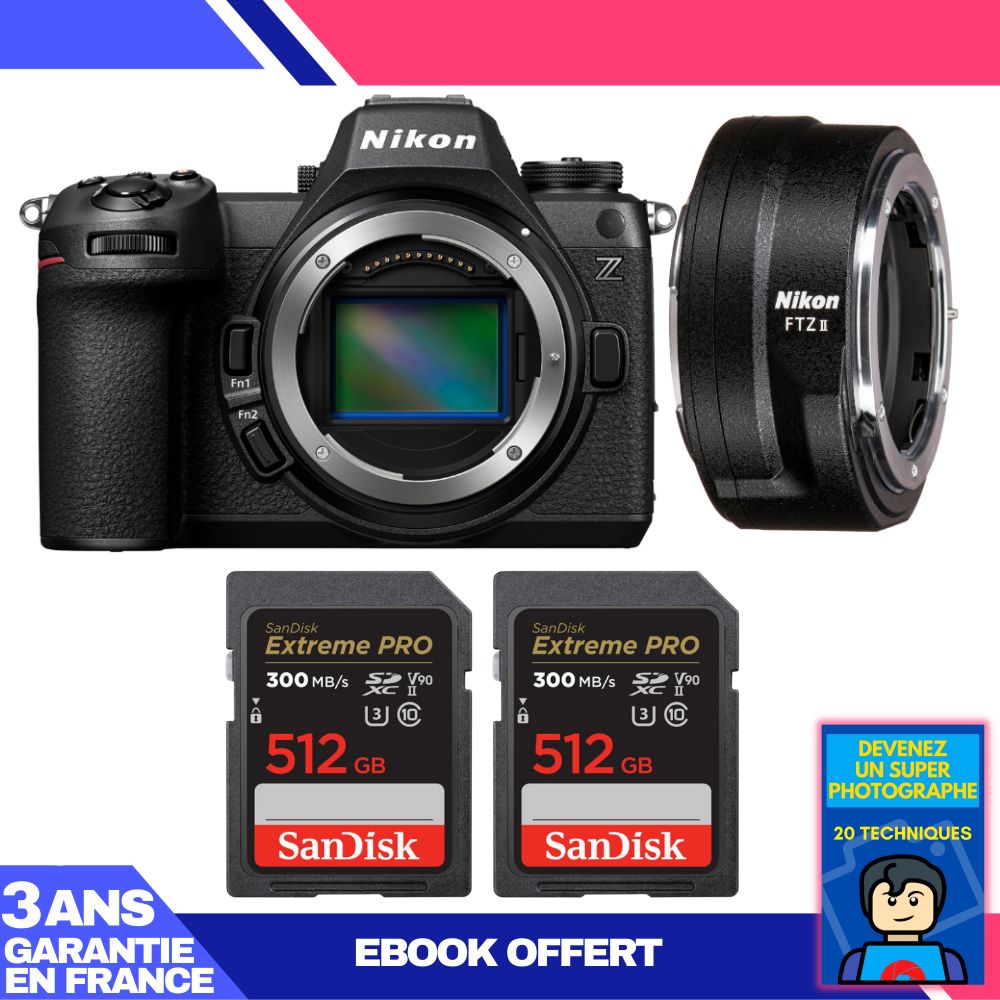 Cámara sin espejo Nikon Z6 III + adaptador FTZ II + 2 tarjetas de memoria SanDisk 512 GB Extreme PRO UHS-II SDXC 300 MB/s + ebook 'Conviértete en un fotógrafo experto'