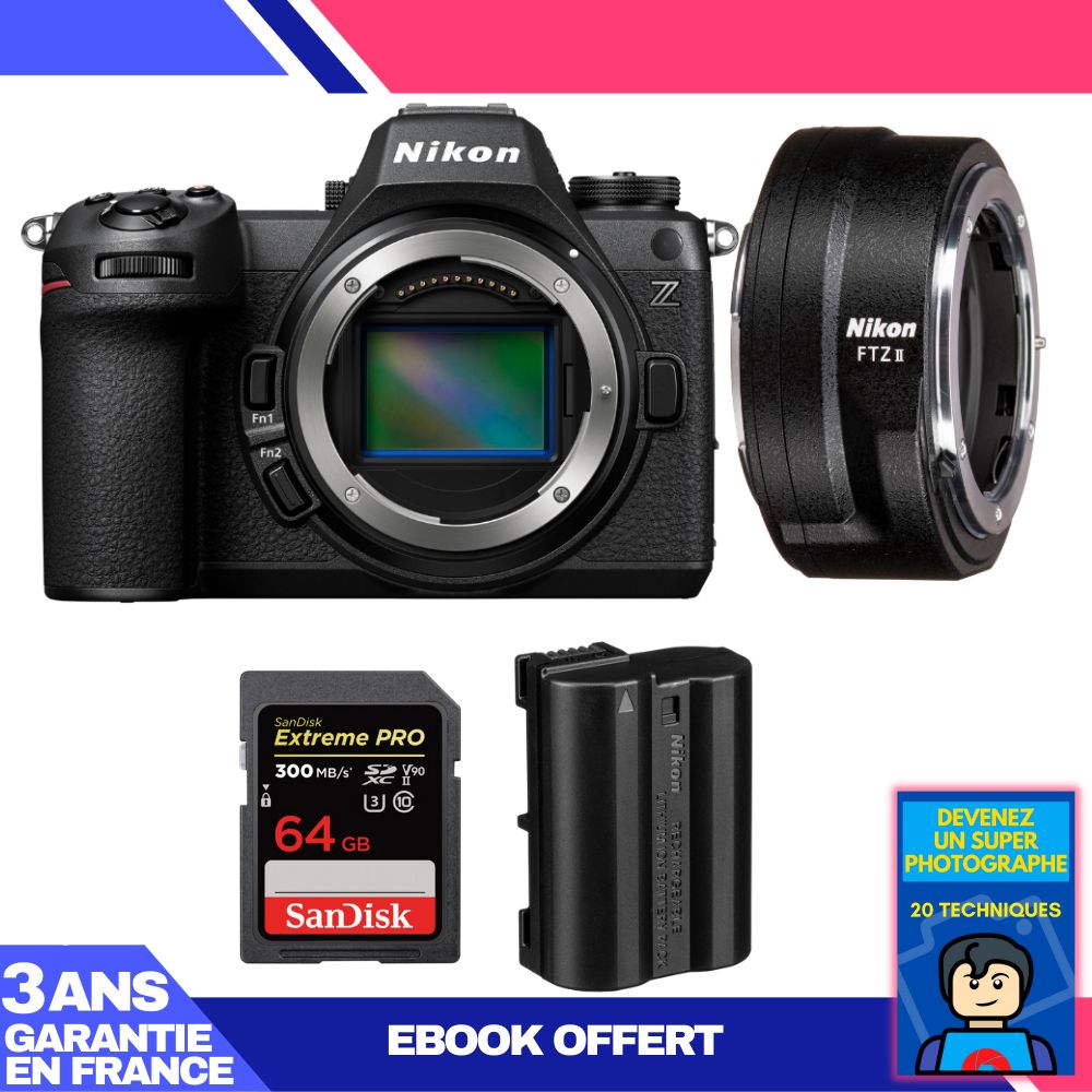 Cámara sin espejo Nikon Z6 III + Adaptador FTZ II + 1 tarjeta SDXC SanDisk de 64 GB Extreme PRO UHS-II de 300 MB/s + 1 batería Nikon EN-EL15C + Ebook 'Conviértete en un fotógrafo super'