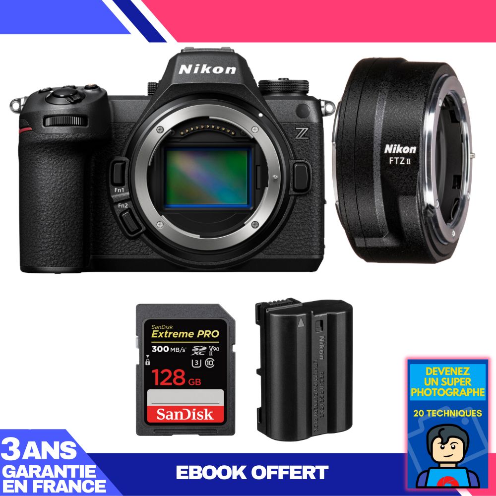 Nikon Z6 III Cámara sin espejo + Adaptador FTZ II + 1 Tarjeta SDXC SanDisk de 128 GB Extreme PRO UHS-II 300 MB/s + 1 Batería Nikon EN-EL15C + Ebook: Conviértete en un fotógrafo experto
