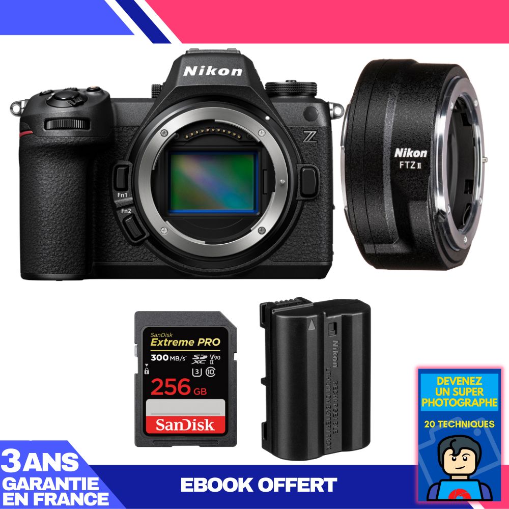 Kit Nikon Z6 III Appareil photo hybride avec adaptateur FTZ II et carte SanDisk 256 Go Extreme PRO SDXC UHS-II 300 Mo/s + batterie Nikon EN-EL15C + ebook : Devenez un super photographe