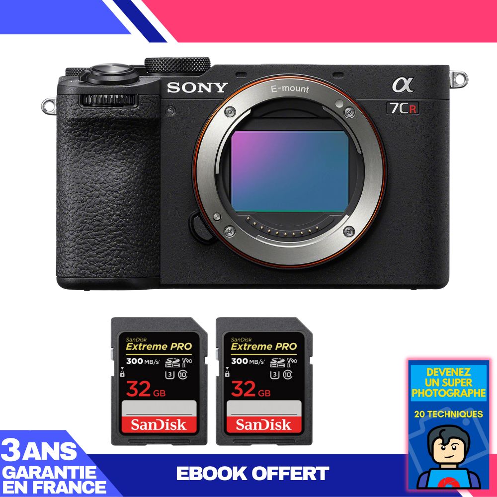Sony A7CR Black Camera + 2 SanDisk 32GB Extreme PRO UHS-II SDXC Cards + 'Become a Super Photographer' Ebook