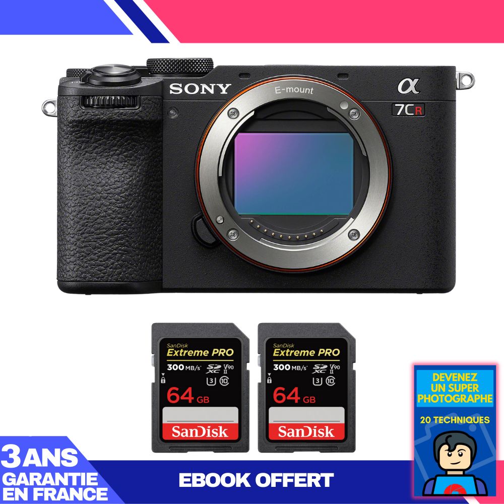Sony A7CR Black Body + 2 SanDisk 64GB Extreme PRO UHS-II SDXC 300MB/s Memory Cards + Ebook 'Become a Super Photographer'
