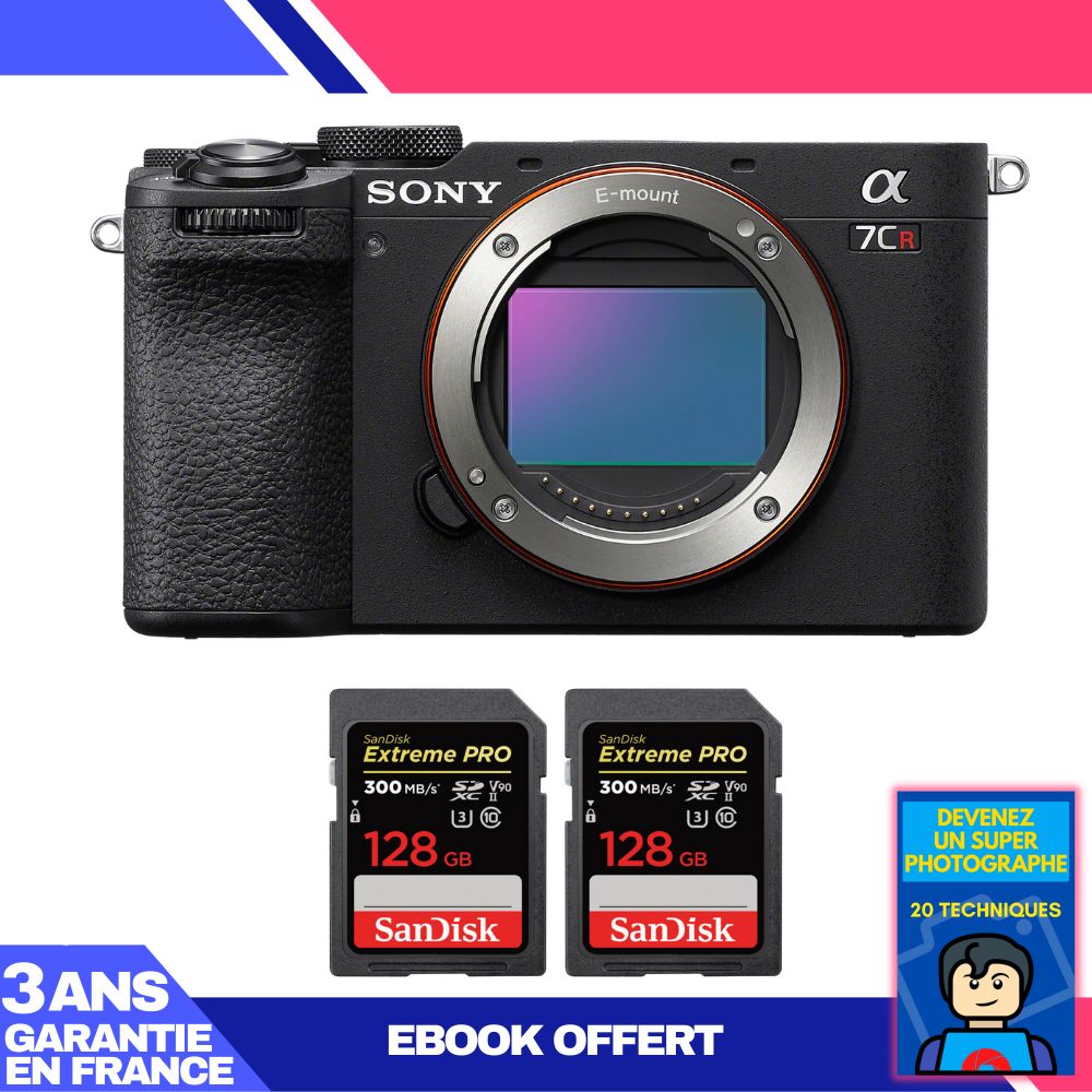 Sony A7CR Black Camera + 2 SanDisk 128GB Extreme PRO UHS-II SDXC Cards + Ebook: Become a Super Photographer