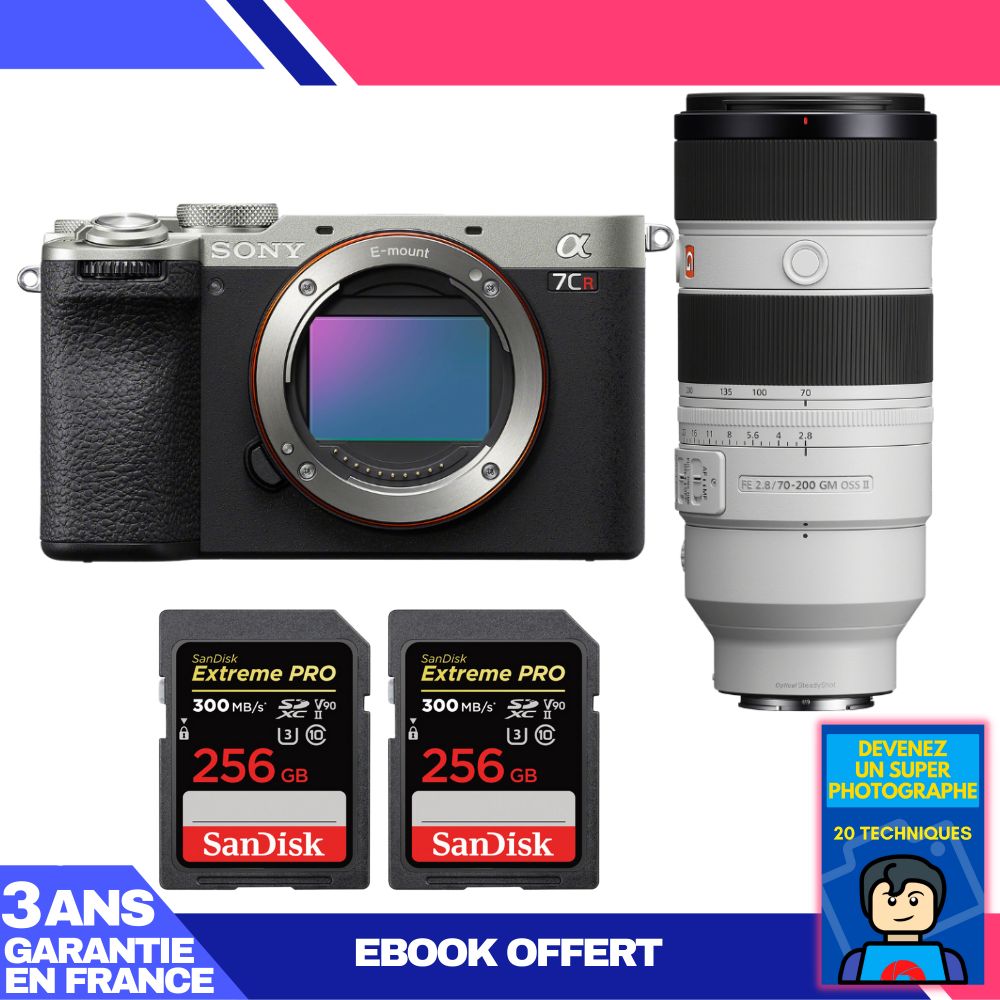 Kit Sony A7CR Plata con objetivo FE 70-200mm f/2.8 GM OSS II + 2 tarjetas SDXC SanDisk Extreme PRO de 256 GB