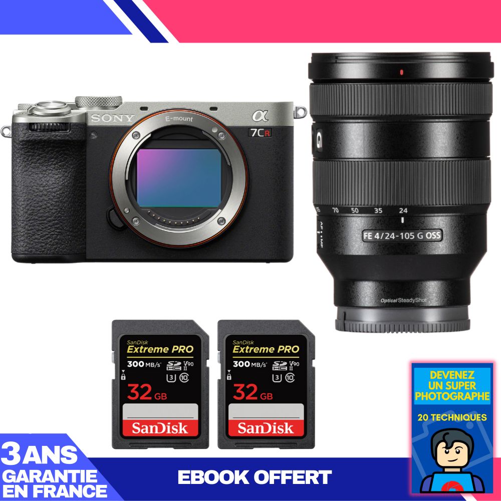 Sony A7CR Silver Camera Kit with FE 24-105mm f/4 G OSS Lens + 2x 32GB SanDisk Extreme PRO SDXC UHS-II Memory Cards