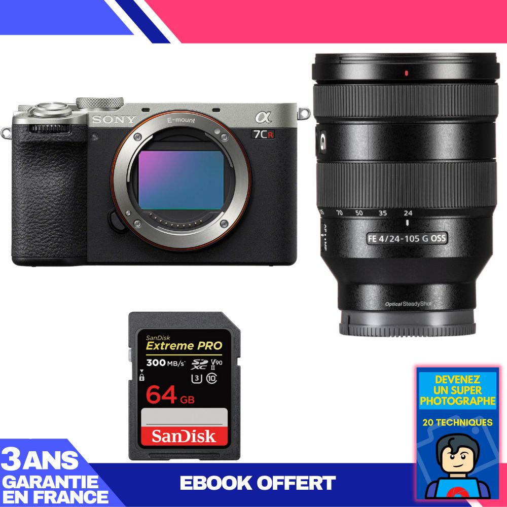 Sony A7CR Silver Camera Kit with FE 24-105mm f/4 G OSS Lens + SanDisk 64GB Extreme PRO SD Card