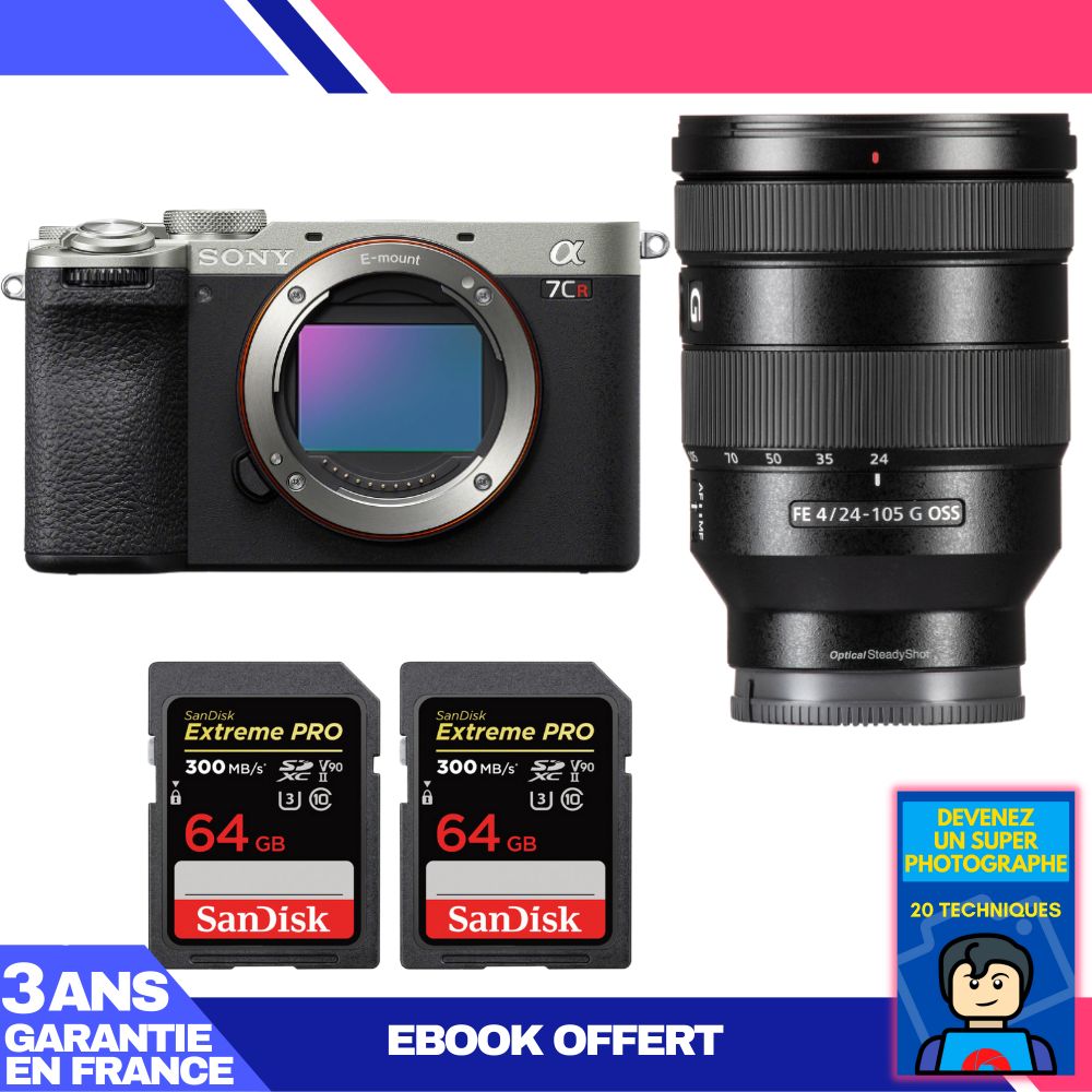 Sony A7CR Silver Camera Kit with FE 24-105mm f/4 G OSS Lens + 2x 64GB SanDisk Extreme PRO SDXC Cards