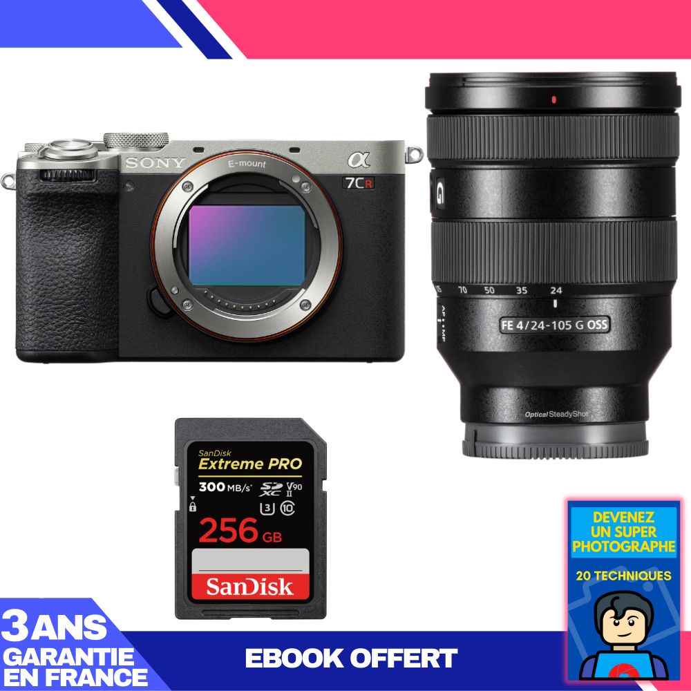 Sony A7CR Silver Camera + FE 24-105mm f/4 G OSS Lens + 1 SanDisk 256GB Extreme PRO UHS-II SDXC Card + 'Become a Super Photographer' Ebook