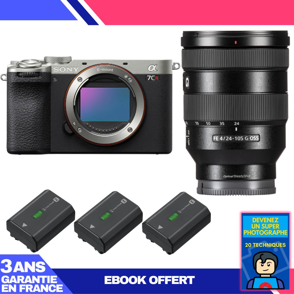 Sony A7CR Silver Camera Kit with FE 24-105mm f/4 G OSS Lens + 3 NP-FZ100 Batteries + Ebook Guide