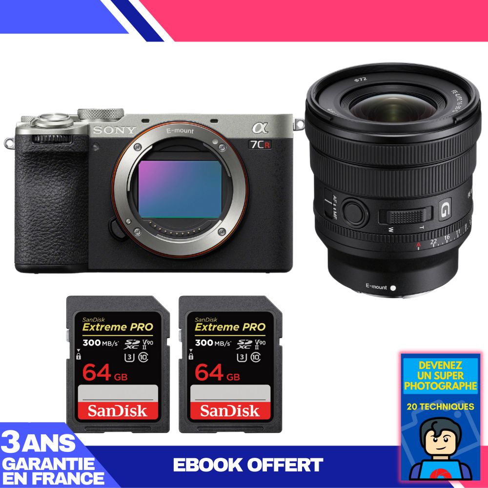Sony A7CR Silver Camera Kit with FE PZ 16-35mm f/4 G Lens + 2x 64GB SanDisk Extreme PRO SDXC Cards