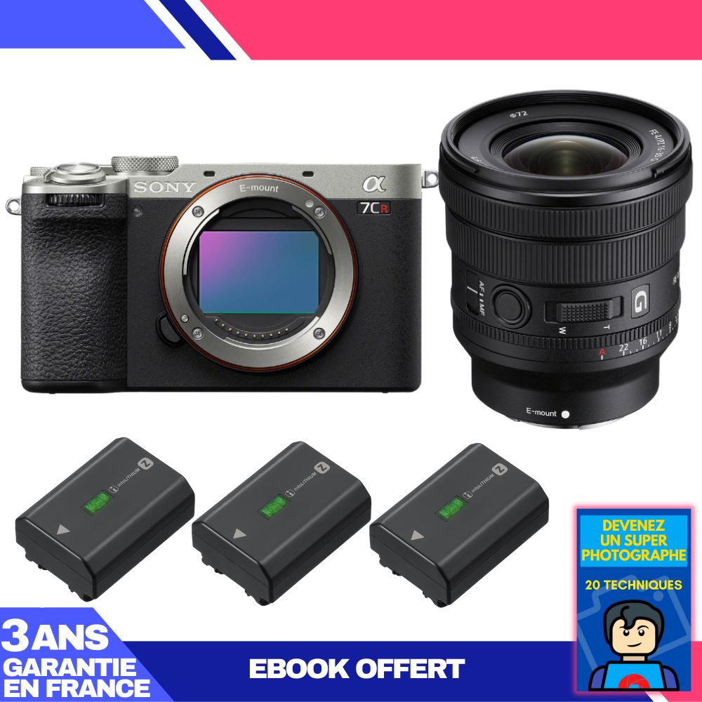 Sony A7CR Silver Camera Kit with FE PZ 16-35mm f/4 G Lens + 3 NP-FZ100 Batteries + Ebook