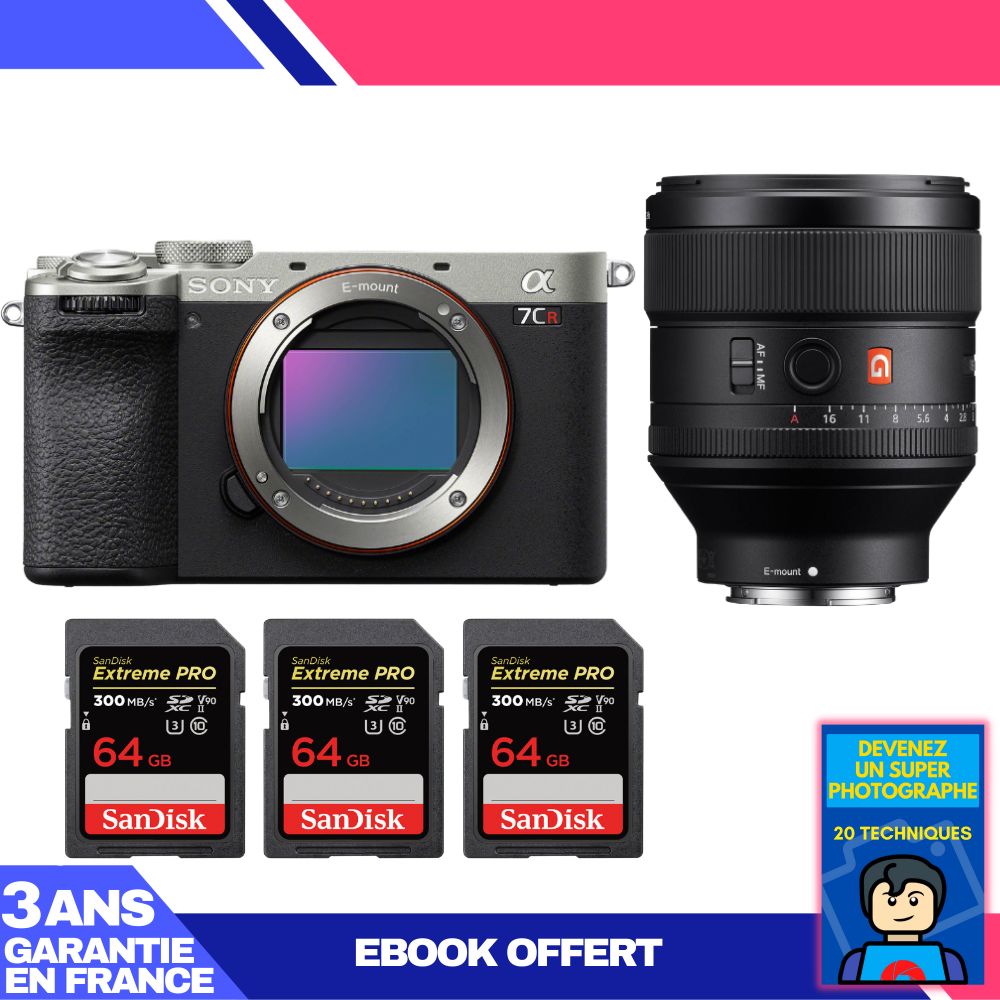 Sony A7CR Silver Camera Kit with FE 85mm f/1.4 GM Lens + 3x 64GB SanDisk Extreme PRO UHS-II SDXC Memory Cards + Ebook