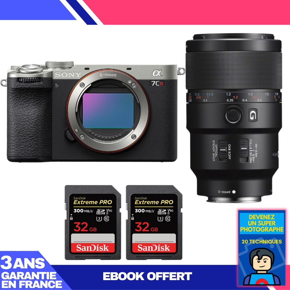 Sony A7CR Silver Camera + 90mm f/2.8 Macro G OSS Lens + 2x 32GB SanDisk Extreme PRO UHS-II SDXC Memory Cards + 'Become a Master Photographer' Ebook