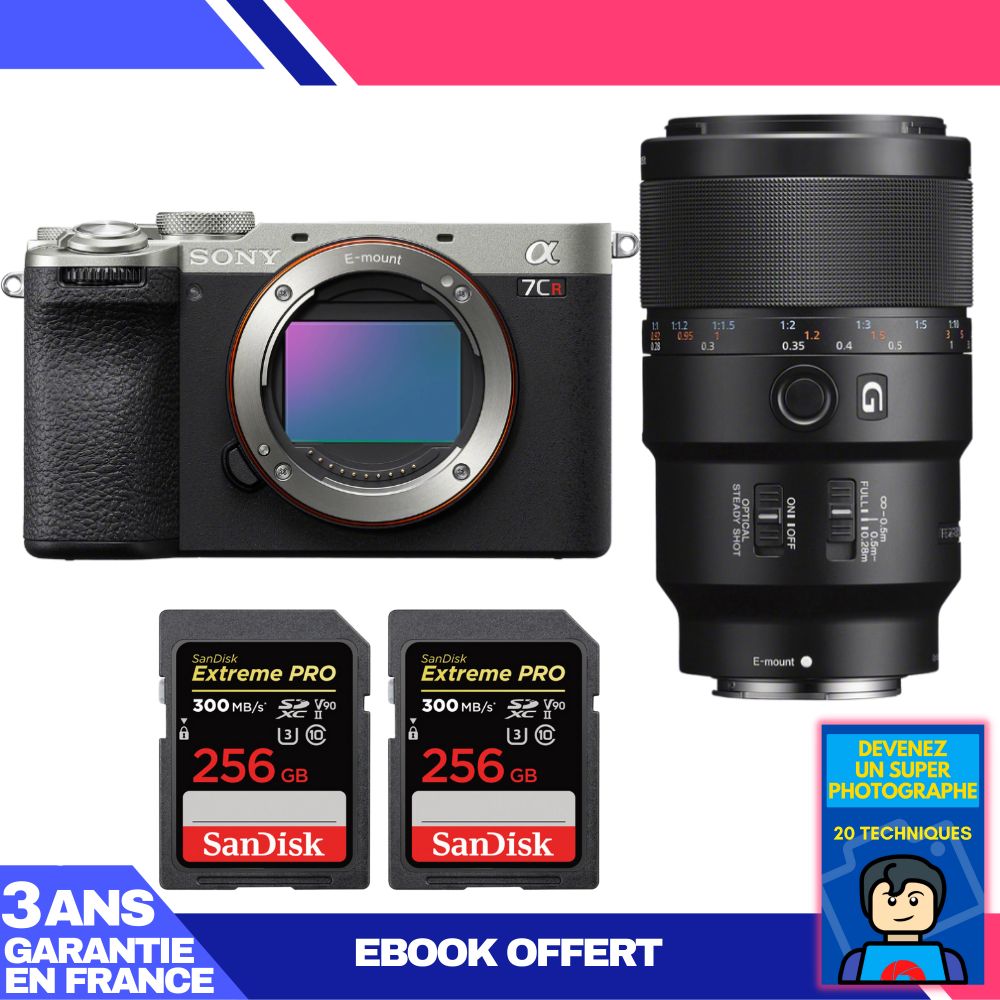 Sony A7CR Silver Camera Kit with FE 90mm f/2.8 Macro G OSS Lens + 2x SanDisk 256GB Extreme PRO UHS-II SDXC Cards