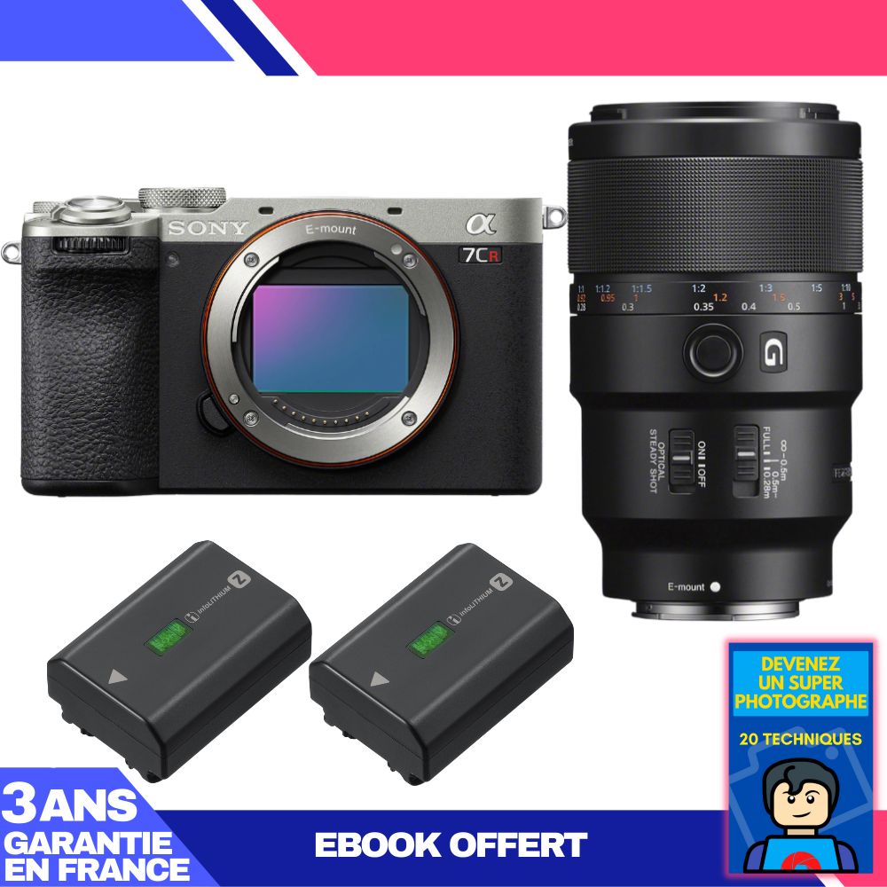 Sony A7CR Silver Camera Kit with FE 90mm f/2.8 Macro G OSS Lens + 2 Sony NP-FZ100 Batteries + 'Become a Super Photographer' Ebook