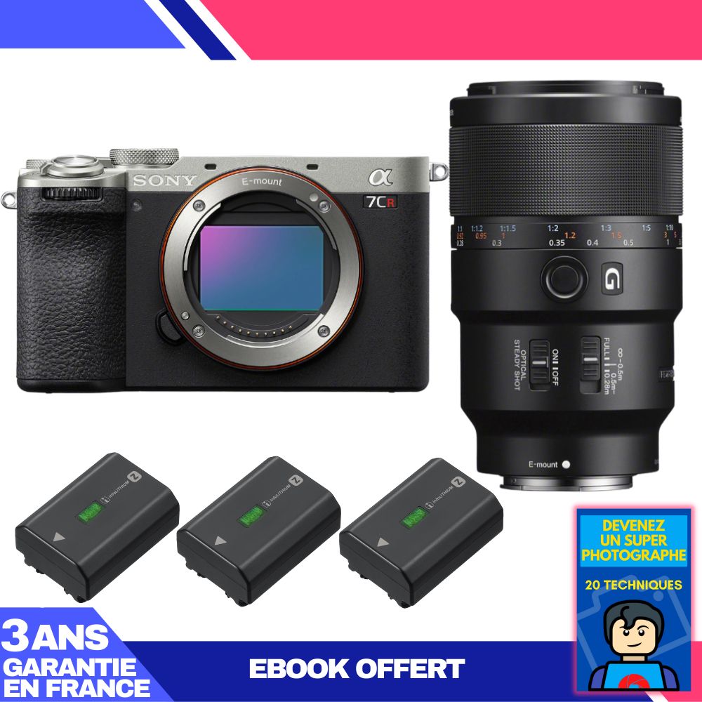 Sony A7CR Silver Camera Kit with FE 90mm f/2.8 Macro G OSS Lens + 3x NP-FZ100 Batteries + 'Become a Super Photographer' Ebook