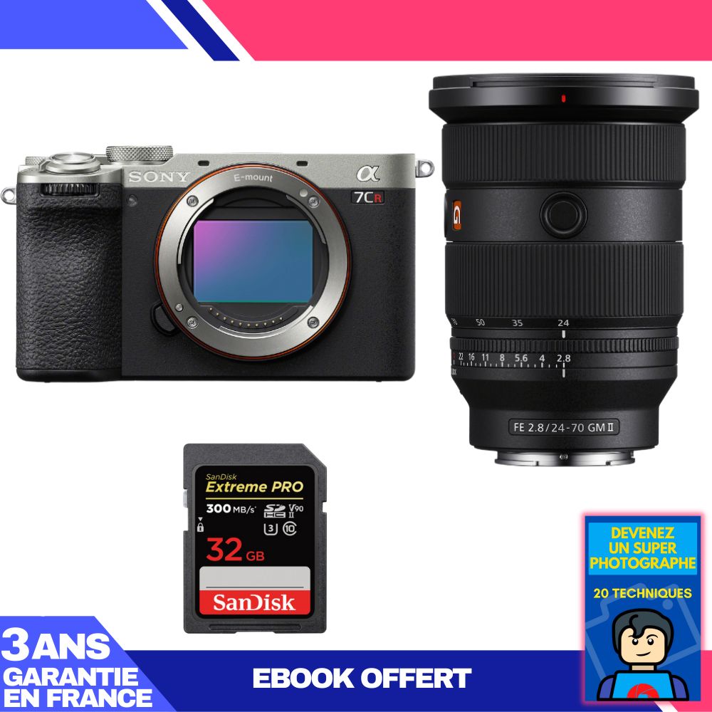 Kit Sony A7CR Argent avec objectif FE 24-70mm f/2,8 GM II et carte SD SanDisk