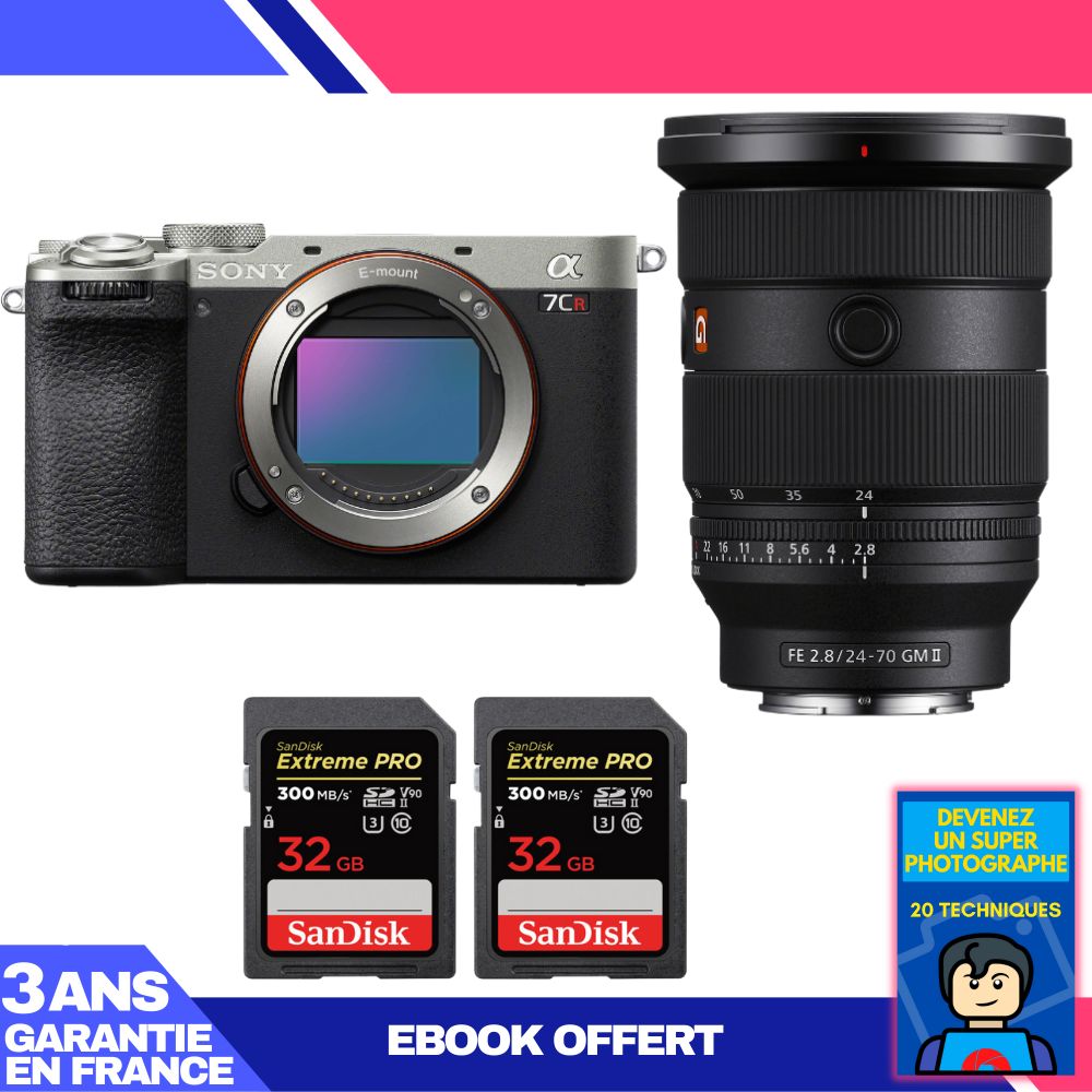 Kit Sony A7CR Argent avec Objectif FE 24-70mm f/2,8 GM II + 2 Cartes SanDisk 32 Go Extreme PRO UHS-II