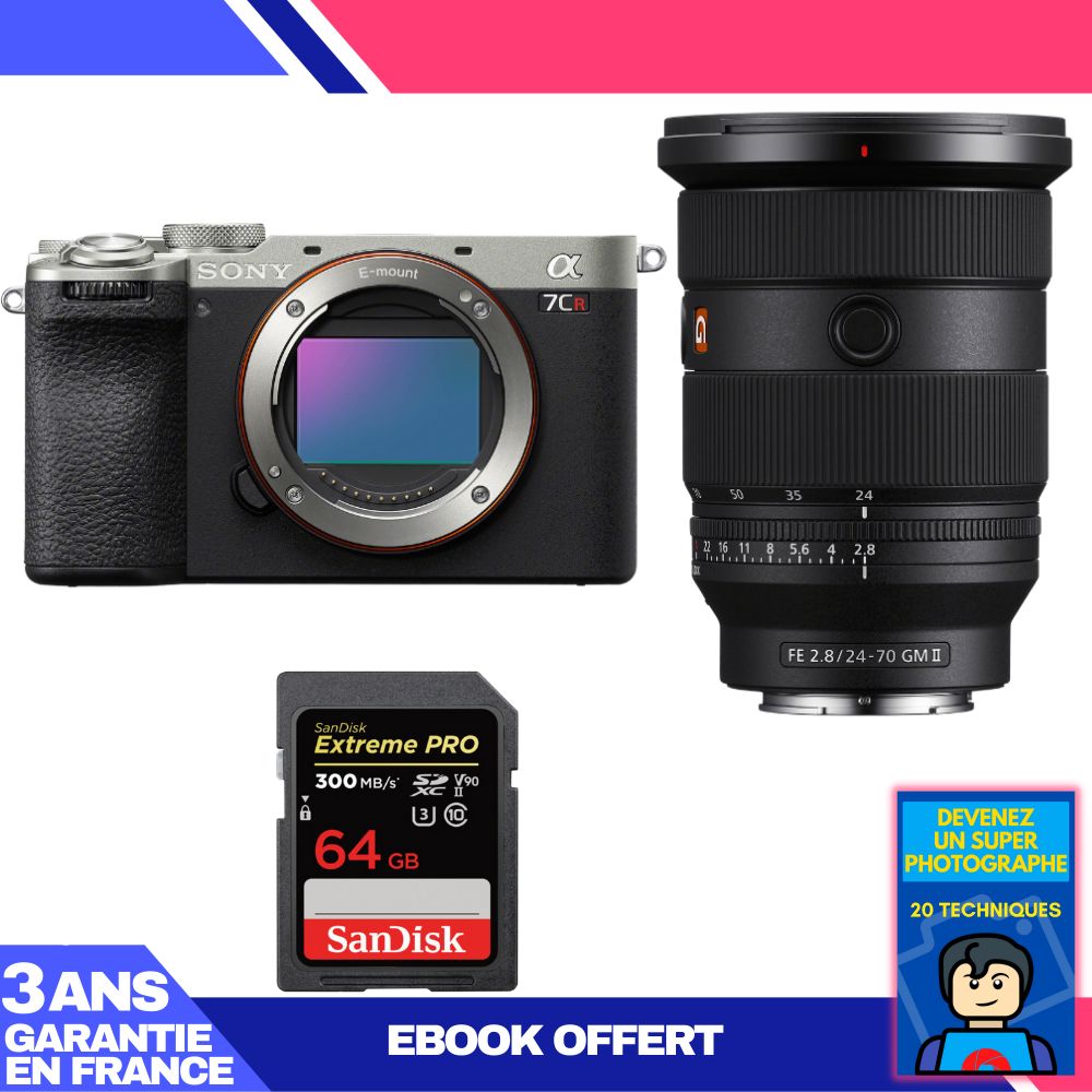 Kit Sony A7CR Argent avec FE 24-70mm f/2.8 GM II et carte SD Sandisk 64Go Extreme PRO