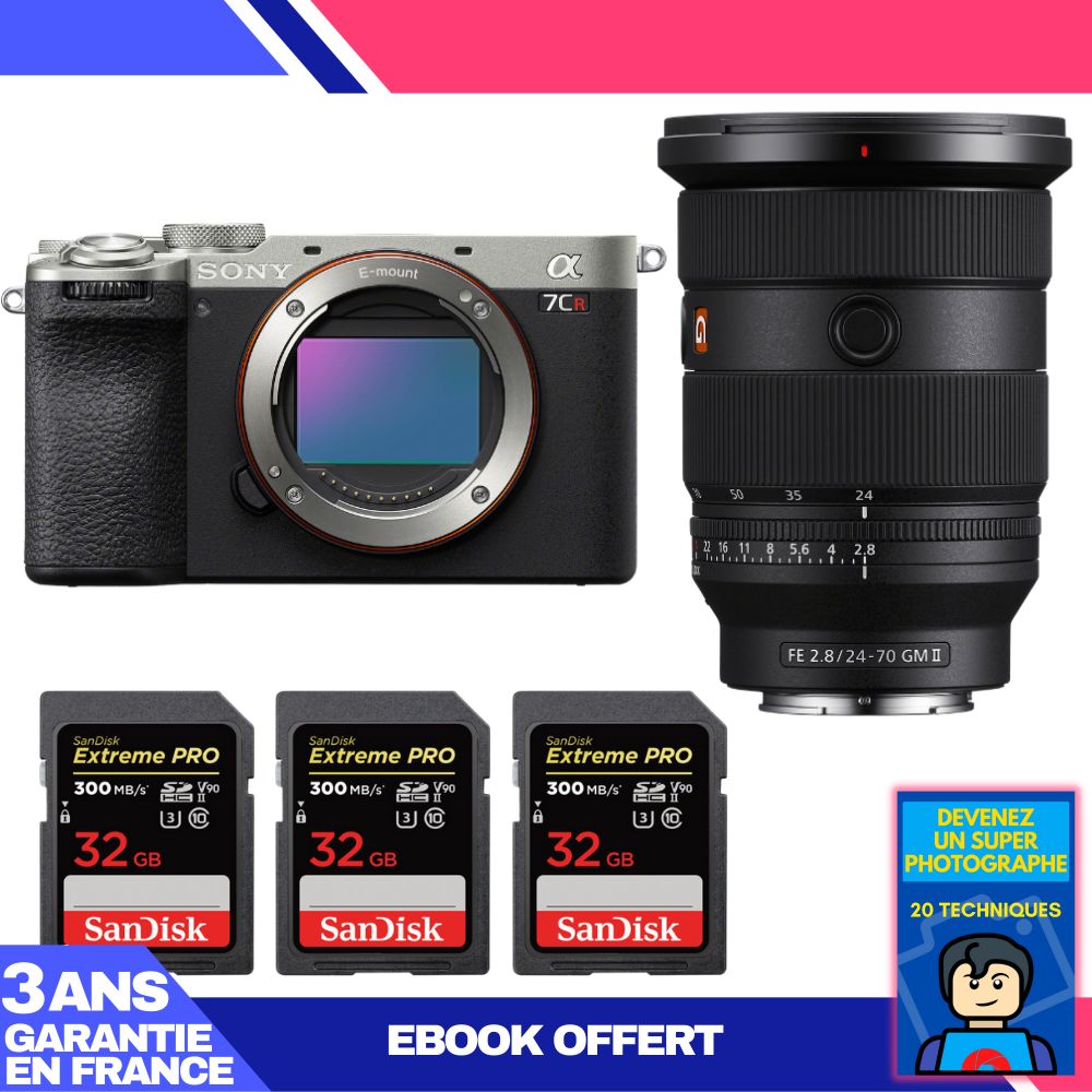Kit Sony A7CR Argent avec Objectif FE 24-70mm f/2.8 GM II + Cartes Mémoire SanDisk