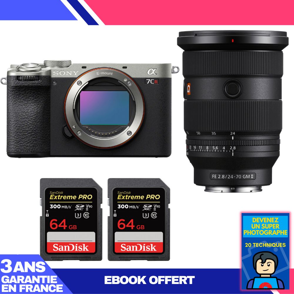 Kit Sony A7CR Argent avec objectif FE 24-70 mm f/2,8 GM II + 2 cartes Sandisk 64 Go Extreme PRO UHS-II