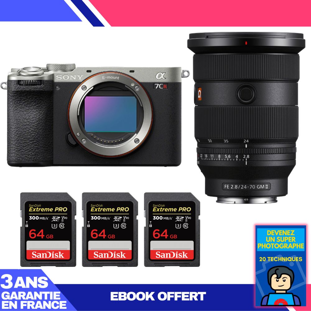 Kit appareil photo Sony A7CR Argent avec objectif FE 24-70mm f/2.8 GM II + cartes mémoire SanDisk
