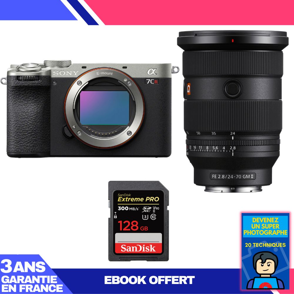 Kit Sony A7CR Argent avec objectif FE 24-70mm f/2,8 GM II et carte SD SanDisk 128 Go