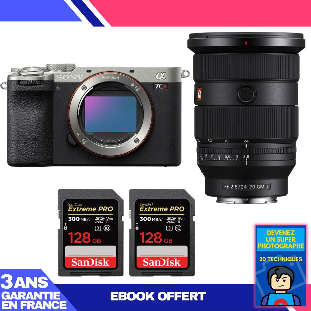 Kit Sony A7CR Argent avec objectif FE 24-70mm f/2.8 GM II et 2 cartes SanDisk 128 Go Extreme PRO UHS-II SDXC