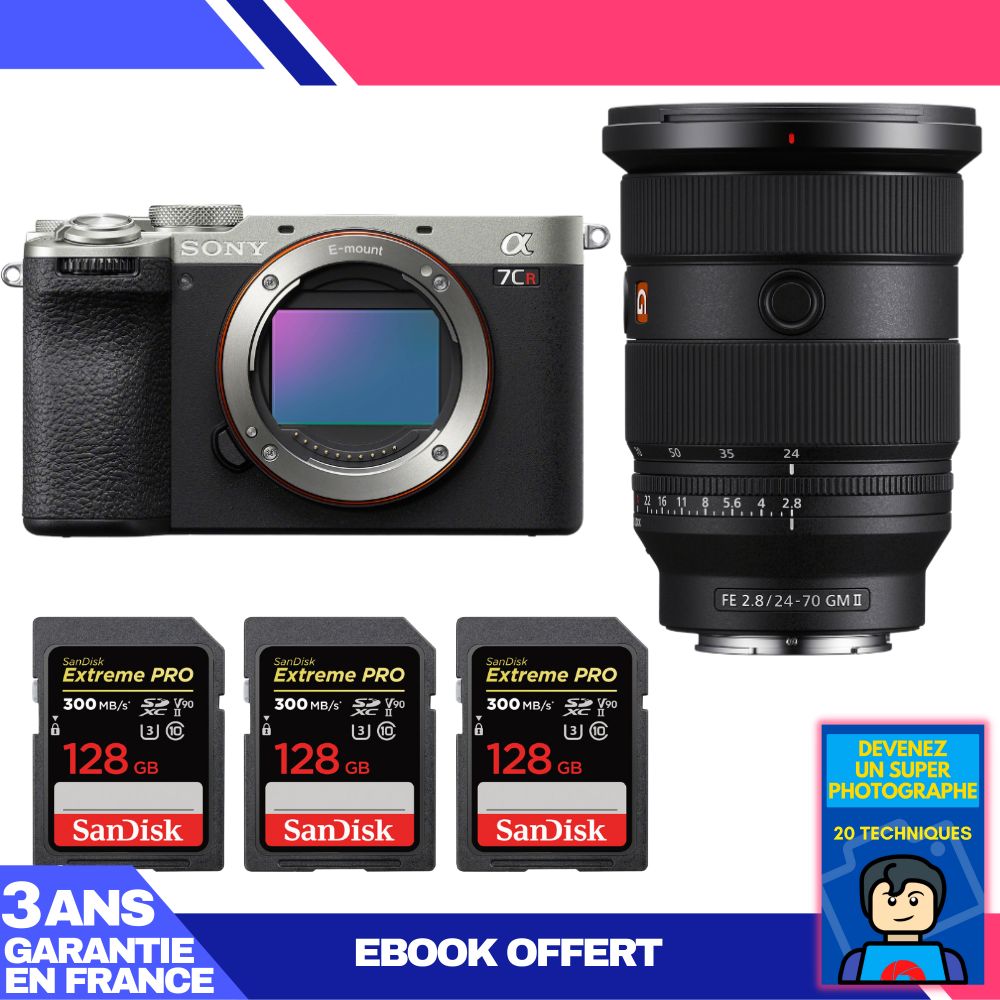 Kit Sony A7CR Argent avec Objectif FE 24-70mm f/2.8 GM II et Cartes Mémoire SanDisk