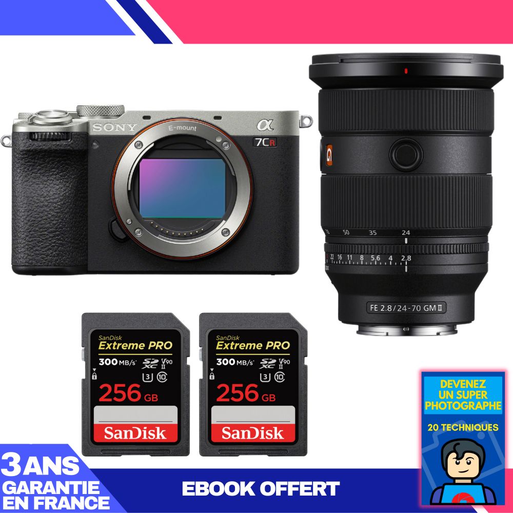 Kit Sony A7CR Argent avec Objectif FE 24-70mm f/2.8 GM II + 2 Cartes SDXC SanDisk Extreme PRO 256 Go