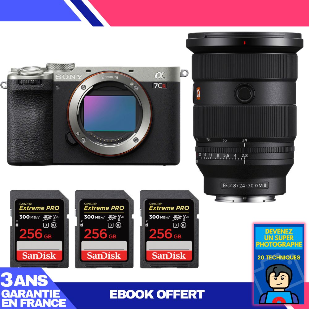 Kit Sony A7CR Argent avec Objectif FE 24-70mm f/2.8 GM II et Cartes Mémoire SanDisk