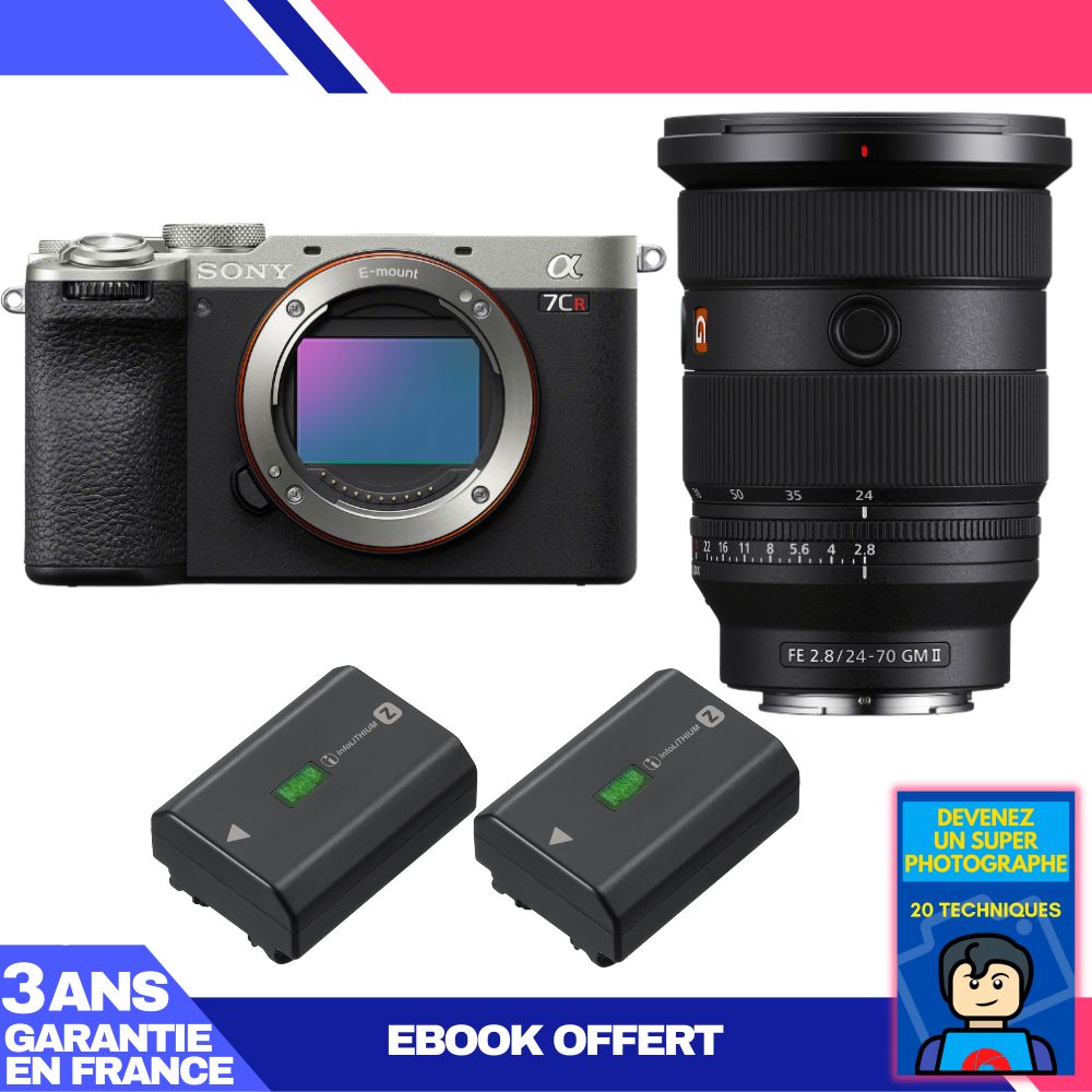 Kit Sony A7CR Argent avec Objectif FE 24-70mm f/2.8 GM II + 2 Batteries NP-FZ100 + Guide Ebook 'Devenez Un Super Photographe'