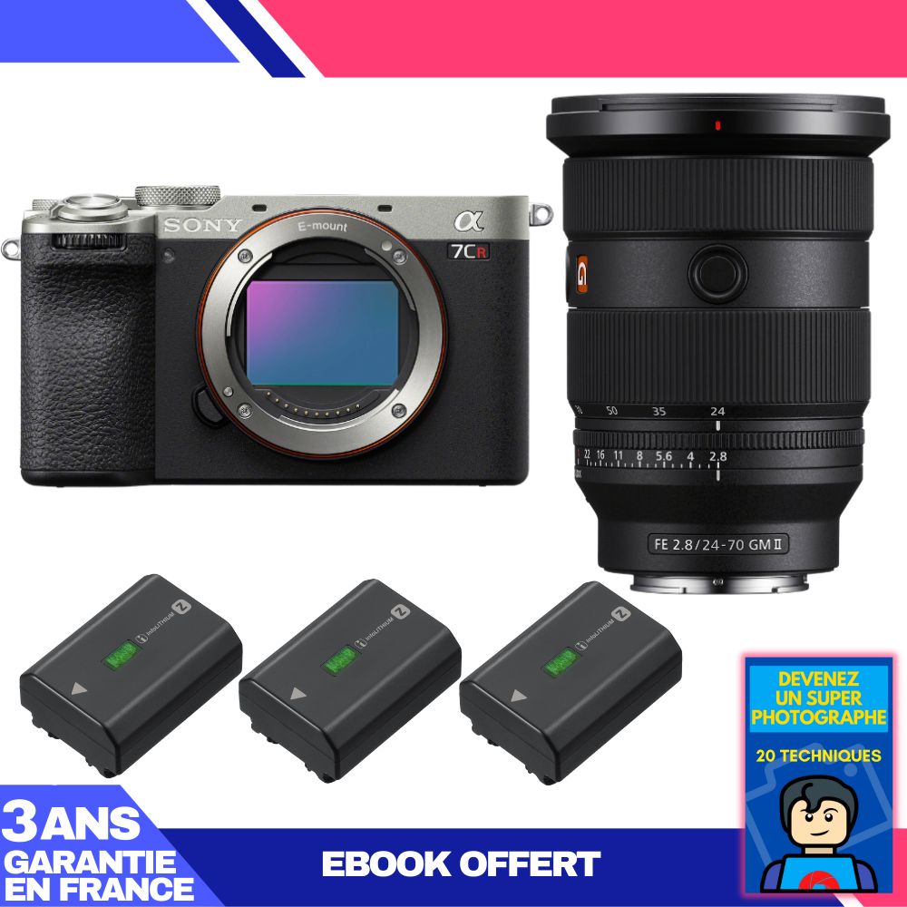 Kit appareil photo Sony A7CR Argent avec objectif FE 24-70mm f/2,8 GM II + 3 batteries Sony NP-FZ100 + ebook 'Devenez un super photographe'