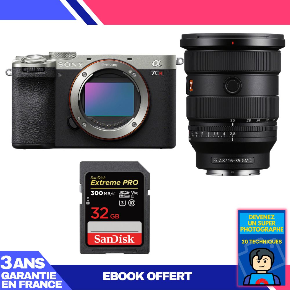 Kit Sony A7CR Argent avec objectif FE 16-35mm f/2,8 GM II et carte SD SanDisk Extreme PRO