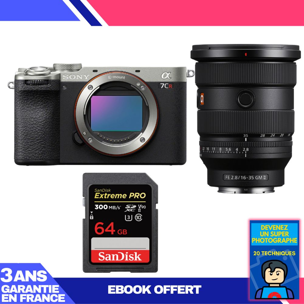 Kit Sony A7CR Argent avec Objectif FE 16-35mm f/2.8 GM II et Carte SD 64Go SanDisk
