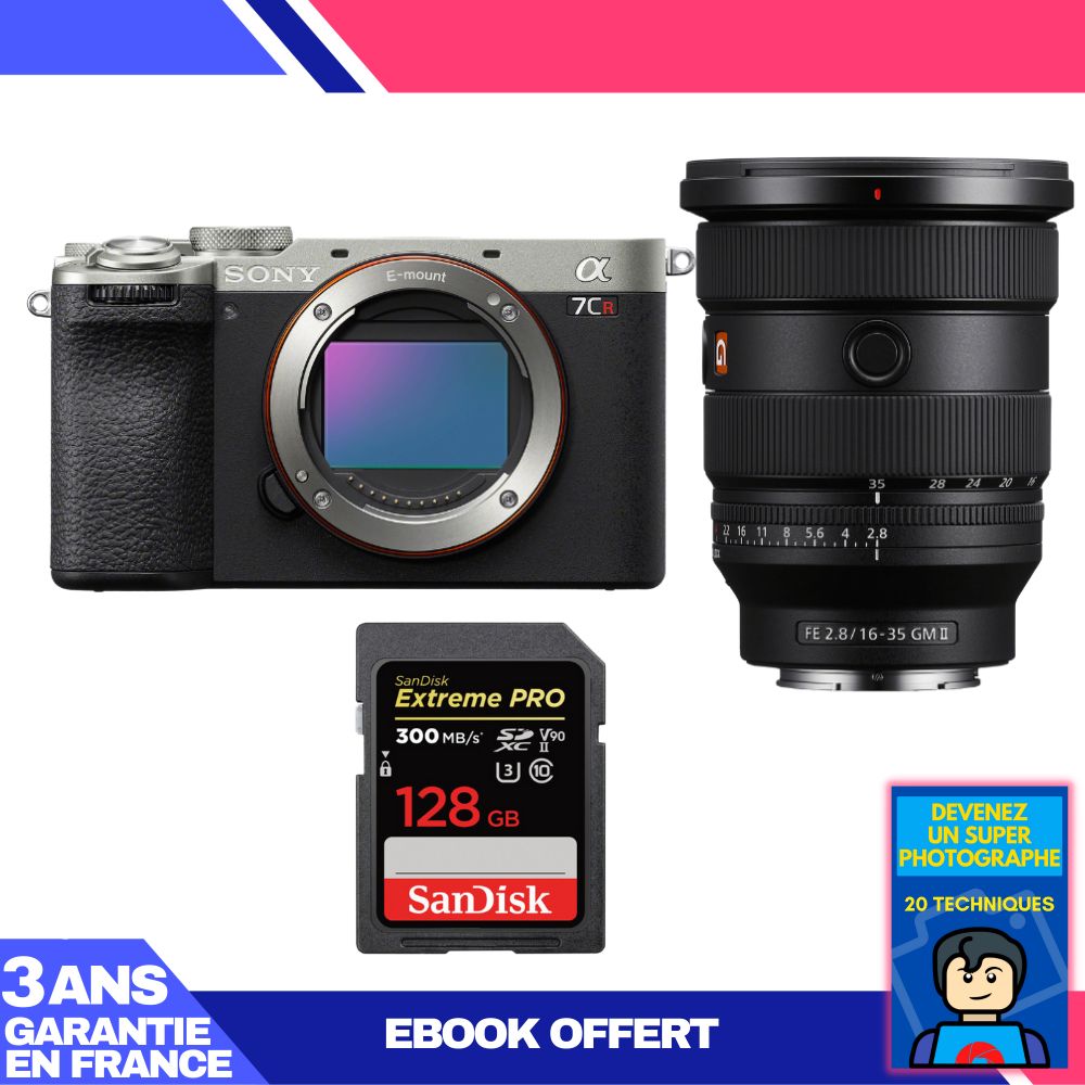 Kit appareil photo Sony A7CR Argent avec objectif zoom grand-angle FE 16-35 mm f/2,8 GM II + carte SD Sandisk 128 Go Extreme PRO UHS-II + ebook